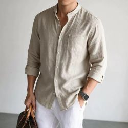马登 老钱风夏季薄款宽松透气立领长袖衬衫男士休闲百搭衬衣