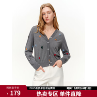 独束 女装毛线绣花V领针织开衫2026春装清新针织外套 烟灰色 XL （尺码：3）