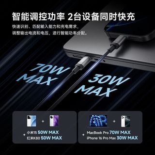 酷态科 100W快充 双Type-C接口 一拖二数据线