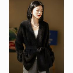 KELE COCO 女士针织衫 浣熊绒v领腰带开衫毛衣
