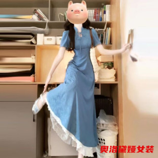 奥洛黛娅 新中式国风旗袍新款夏季感漂亮独特收腰显瘦蓝色连衣裙子 蓝色连衣裙无白下摆