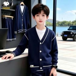 史努比 男童纯棉针织开衫春秋新款儿童女孩V领长袖上衣中大童外套