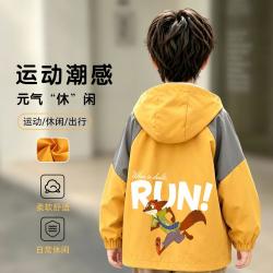 迪士尼 疯狂动物城尼克男童撞色连帽外套春秋中大童拼色上衣儿童防风夹克