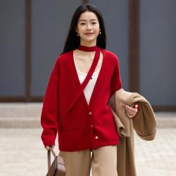 雅莹 EP雅莹女装新年春款 羊毛羊绒衫红色毛衣