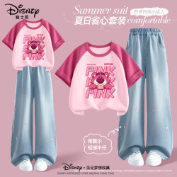 迪士尼 童装2026新款儿童衣服洋气夏季裤子女童短袖牛仔裤套装1702