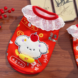 新年宠物狗狗猫咪衣服饰用品秋冬牛奶丝绒花边苹果比熊喜庆泰迪