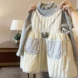 女童2024秋季韩系背心裙百搭灰色打底衫套装女宝宝洋气甜美棉服裙