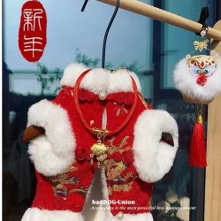 蛇年拜年无袖红色唐装泰迪雪纳瑞比熊马尔济斯加绒冬装狗狗新年装
