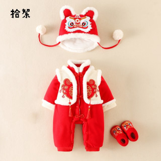 婴儿衣服冬装夹棉连体衣过新年装宝宝加绒棉衣周岁礼服喜庆拜年服