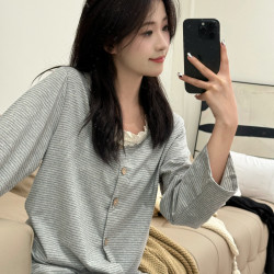 VINEEMAN花朵圆领细条纹四季女短袖长裤睡衣家居服套装