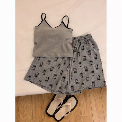 网红时尚韩系吊带套睡衣女夏款带垫KT猫短裤夏天可外穿家居服套装