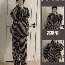 春秋加绒可外穿珊瑚绒睡衣女款长袖2023新款韩系条纹家居套装大码