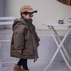 韩版儿童连帽棉服男女童加绒加厚中长款加绒一件过冬派克服外套潮