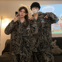 珊瑚绒情侣睡衣冬季女加绒加厚冬天高级感条纹男士大码家居服套装