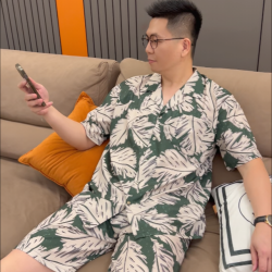 好福份 夏季男士冰爽丝睡衣短袖可外穿家居服-24001绿叶子