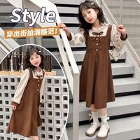 假两件女童春秋连衣裙2026新款灯芯绒公主裙中大童长袖裙子春秋