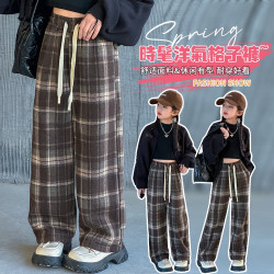 女童冬季加绒裤子格子裤洋气儿童阔腿裤时尚大童加厚格子休闲裤