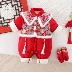 婴儿衣服冬装夹棉连体衣加厚棉服女宝宝中国风拜年服爬服哈衣外套