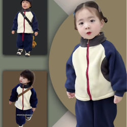 多彩蛙 儿童冬季加绒加厚保暖立领套装中大童韩版男女童棉服