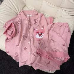 睡衣女夏季泡泡皱布短袖短裤薄款ins卡通可爱粉小熊家居服可外穿