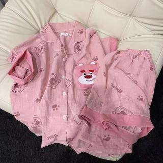 睡衣女夏季泡泡皱布短袖短裤薄款ins卡通可爱粉小熊家居服可外穿