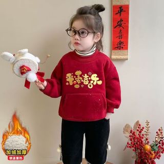 拜年服女童红色卫衣秋冬儿童洋气套头上衣女孩新年衣服休闲