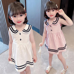 韩版夏款女宝裙子2024夏季女童海军领无袖连衣裙小女孩纯色背心裙