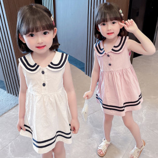 韩版夏款女宝裙子2024夏季女童海军领无袖连衣裙小女孩纯色背心裙