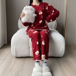 秋冬季新款韩版甜美花纹家居服睡衣套装女士保暖卡通宽松加厚加绒