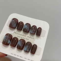 美拉德爆款新款蓝色显白冰透高级感美甲棕色系美甲棕色美甲甲片