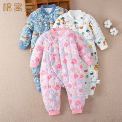棉寓言 婴儿纯棉手工加棉哈衣秋冬季纯棉花爬服新生儿宝宝斜襟保暖连体衣