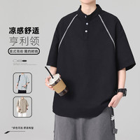 月伊纺 短袖t恤男士立领半袖宽松大码体恤衫美式速干透气亨利领五分袖潮T