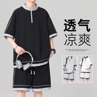 月伊纺 短袖t恤两件套男夏季半拉链立领宽松大码体恤运动套装短裤两件装