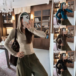 2026早秋韩系简约半开扣连帽T恤收腰修身辣妹内搭长袖上衣女1518