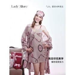 LADYALLURE 「LA」Dua·浪漫复兴丨情人节系列*鎏光缎面高定印花粉色睡裙袍女