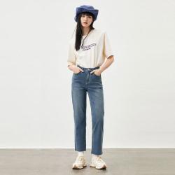 太平鸟 时尚通勤高品质直筒显瘦毛边牛仔裤女