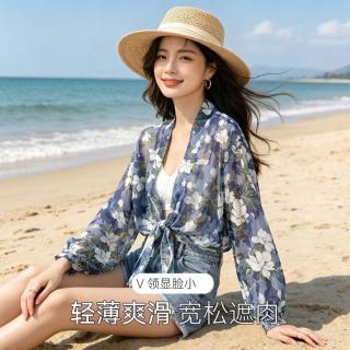 啄木鸟 雪纺开衫外套披肩女士春秋轻薄宽松遮肉显瘦罩衫海边外搭长袖上衣