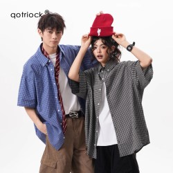 QOTRIOCK 美式格子短袖衬衫男女夏季新款潮牌宽松纯棉开衫休闲情侣衬衣外套