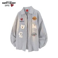 移动端：CHARLES JANG'S HAPPY HEART 小狗印花条纹长袖衬衫男女秋季2026新款休闲衬衣外套