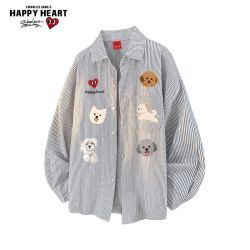 CHARLES JANG'S HAPPY HEART 小狗印花条纹长袖衬衫男女秋季2026新款休闲衬衣外套