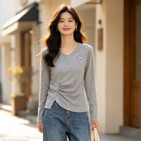 卡拉美拉 秋冬V领长袖T恤时尚休闲百搭打底衫女上衣