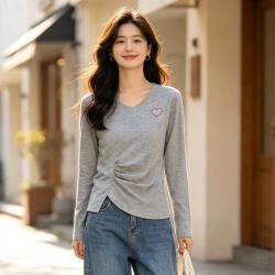 卡拉美拉 秋冬V领长袖T恤时尚休闲百搭打底衫女上衣