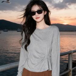 快鱼 女士t恤长袖外穿秋季气质收褶设计感简约百搭淑女时装体恤