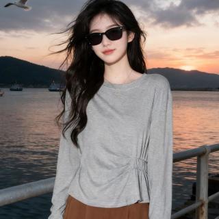 快鱼 女士t恤长袖外穿秋季气质收褶设计感简约百搭淑女时装体恤