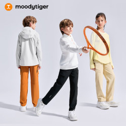 moodytiger 儿童裤子梭织拒水春秋款男童运动裤亲肤弹力女童直筒户外休闲长裤 炭黑色 140