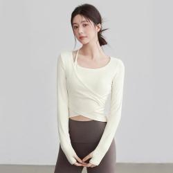 佑游 带胸垫瑜伽服长袖女固定杯修身健身普拉提运动上衣女假两件瑜伽T
