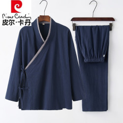 皮尔·卡丹 皮尔卡丹（pierre cardin）斜襟汉服禅修居士服撞色弹力唐装套装男国风长袖中式复古棉麻男装 藏青色 XL