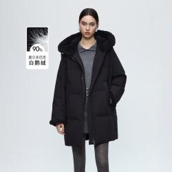 朗姿 连帽带毛边纯色羽绒服鹅绒服