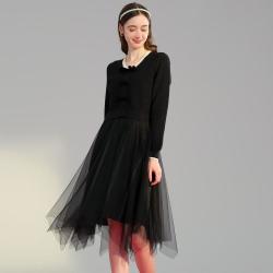 La·go·go 春秋蝴蝶结V领气质网纱裙显瘦时尚中长裙连衣裙女