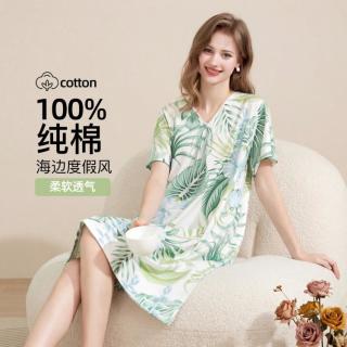 芬腾 睡裙女薄款短袖可外穿度假风中长裙家居服